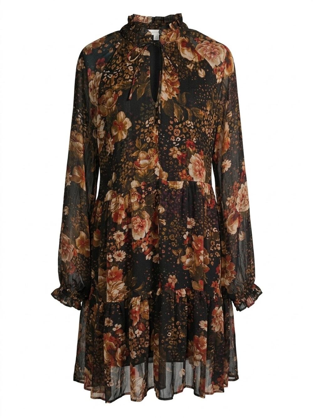Black shimmer Dark Floral Whimsigoth Dress Size 8 Sheer Sleeve Ruffle Goth Boho